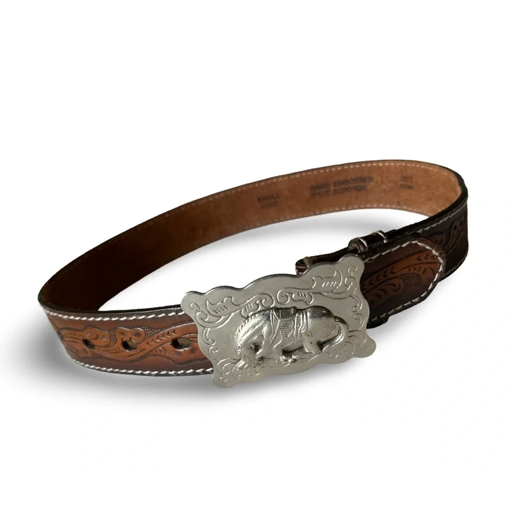 Vintage Tooled Leather Kid’s or Small Adult Belt with Silver Buckle 20” - 22”